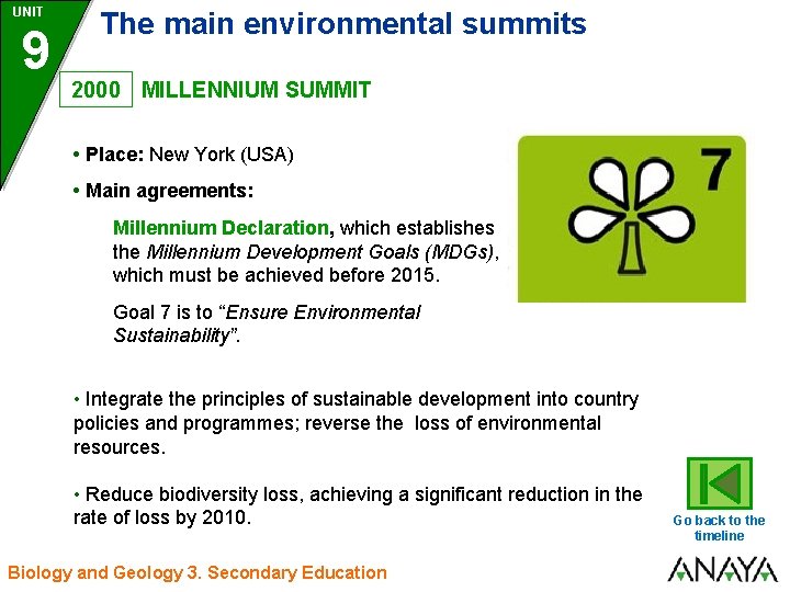 UNIT 9 The main environmental summits 2000 MILLENNIUM SUMMIT • Place: New York (USA) UNIT 9 The main environmental summits 2000 MILLENNIUM SUMMIT • Place: New York (USA)