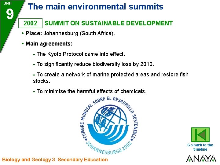 UNIT 9 The main environmental summits 2002 SUMMIT ON SUSTAINABLE DEVELOPMENT • Place: Johannesburg UNIT 9 The main environmental summits 2002 SUMMIT ON SUSTAINABLE DEVELOPMENT • Place: Johannesburg