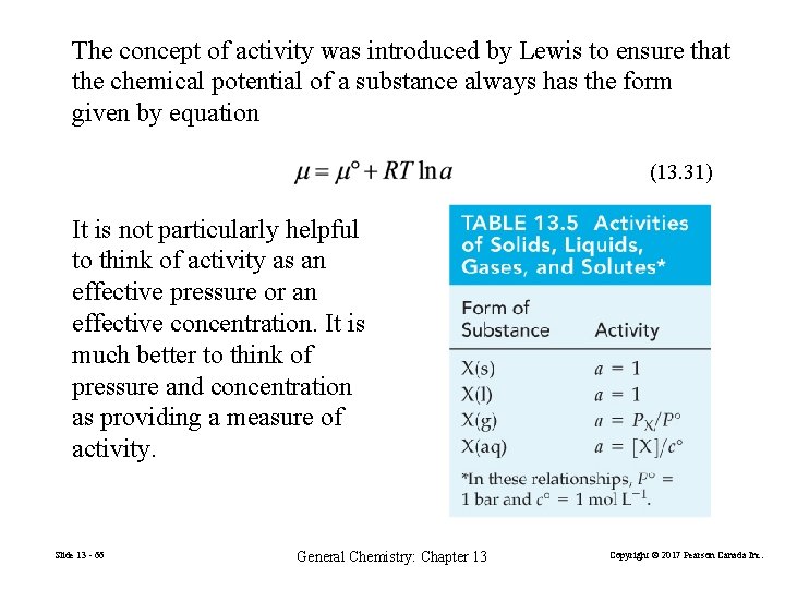 The concept of activity was introduced by Lewis to ensure that the chemical potential