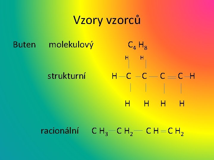 Vzory vzorců Buten molekulový C 4 H 8 H strukturní racionální H H C