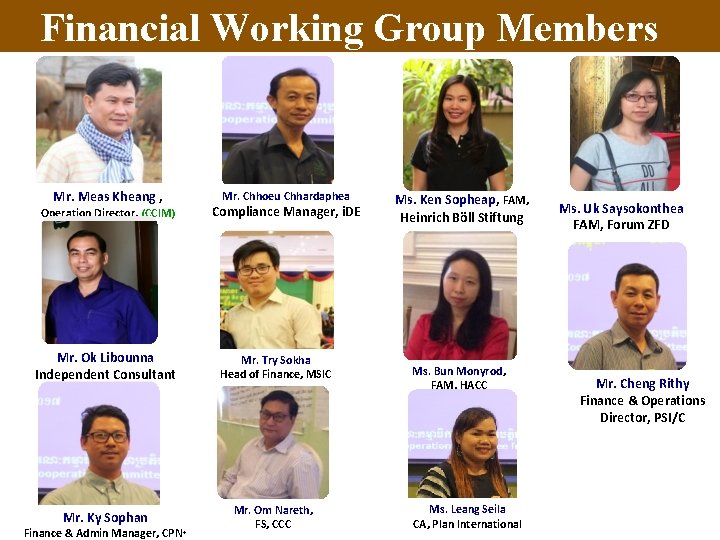 Financial Working Group Members Mr. Meas Kheang , Operation Director, (CCIM) Mr. Chhoeu Chhardaphea