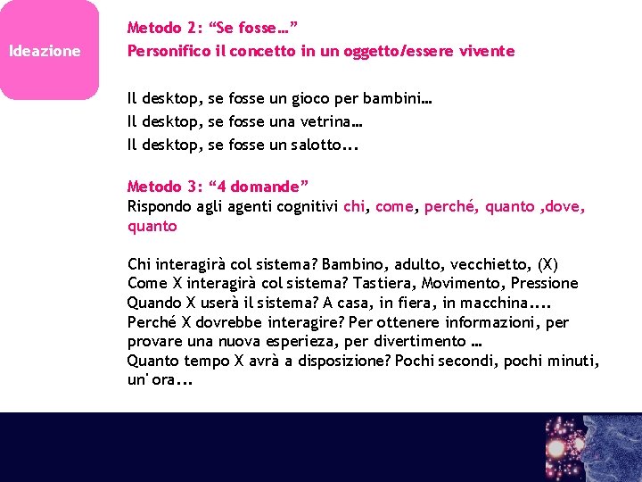 Ideazione Metodo 2: “Se fosse…” Personifico il concetto in un oggetto/essere vivente Il desktop, Ideazione Metodo 2: “Se fosse…” Personifico il concetto in un oggetto/essere vivente Il desktop,