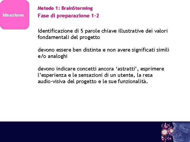 Metodo 1: Brain. Storming Ideazione Fase di preparazione 1 -2 Identificazione di 5 parole Metodo 1: Brain. Storming Ideazione Fase di preparazione 1 -2 Identificazione di 5 parole