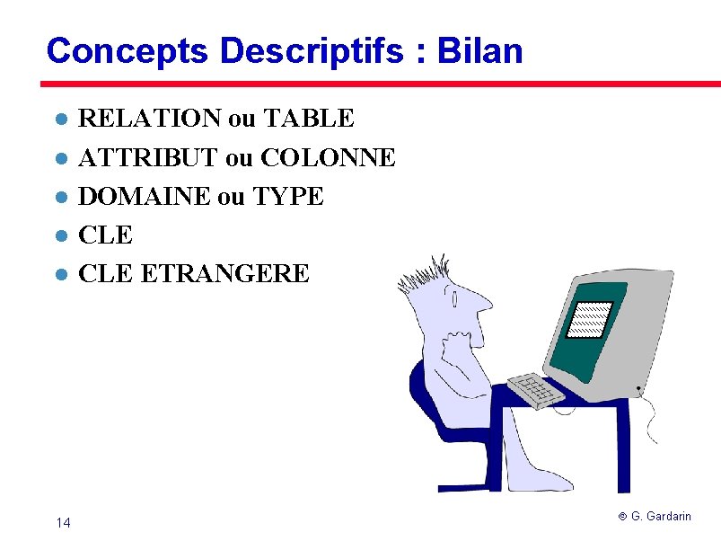 Concepts Descriptifs : Bilan l l l 14 RELATION ou TABLE ATTRIBUT ou COLONNE