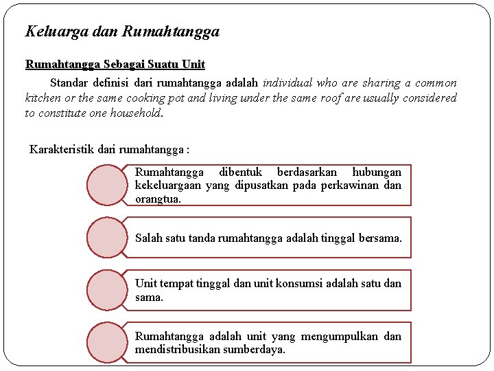 Keluarga dan Rumahtangga Sebagai Suatu Unit Standar definisi dari rumahtangga adalah individual who are