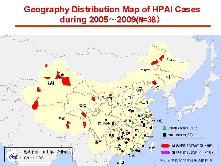 Geography Distribution Map of HPAI Cases during 2005～ 2009(N=38） urban cases（15） rural cases(23） 确诊H