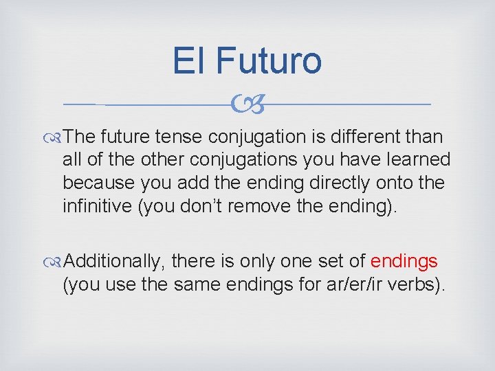 El Futuro The future tense conjugation is different than all of the other conjugations