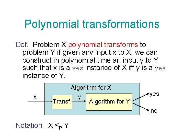 Polynomial transformations Def. Problem X polynomial transforms to problem Y if given any input