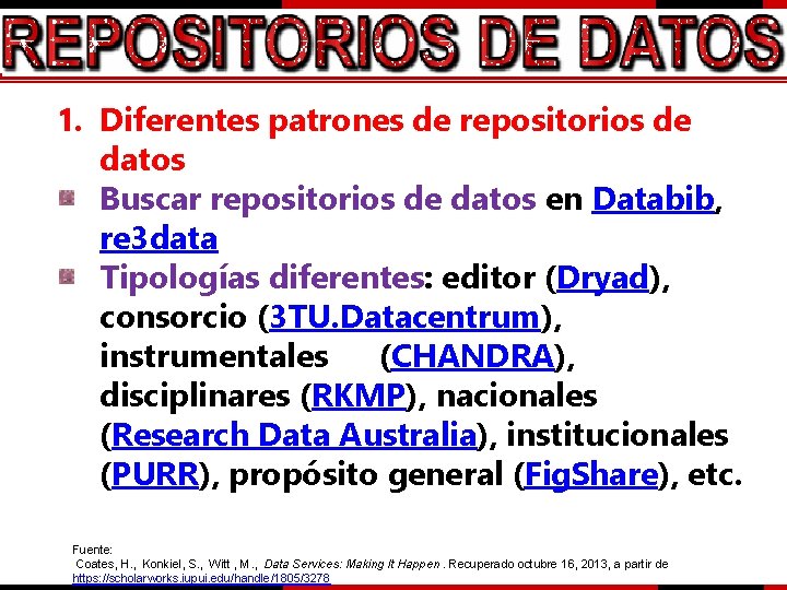 1. Diferentes patrones de repositorios de datos Buscar repositorios de datos en Databib, re