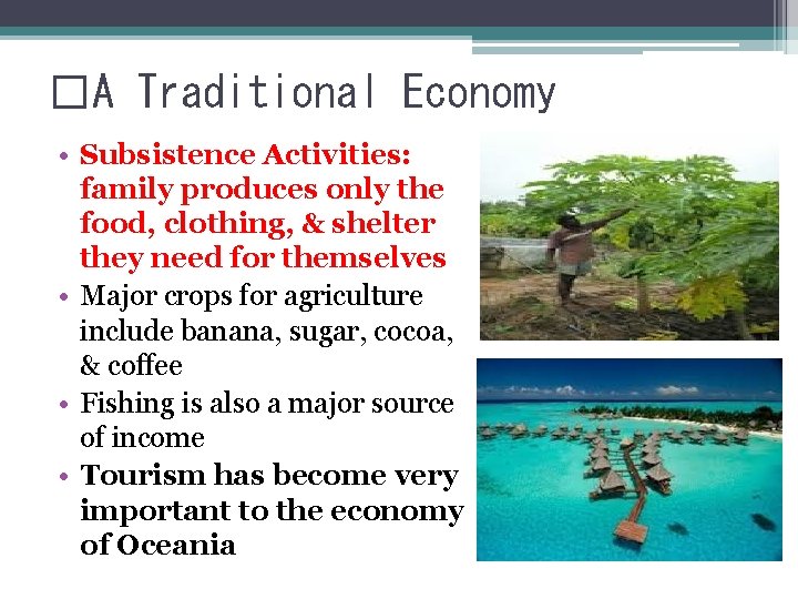 �A Traditional Economy • Subsistence Activities: family produces only the food, clothing, & shelter