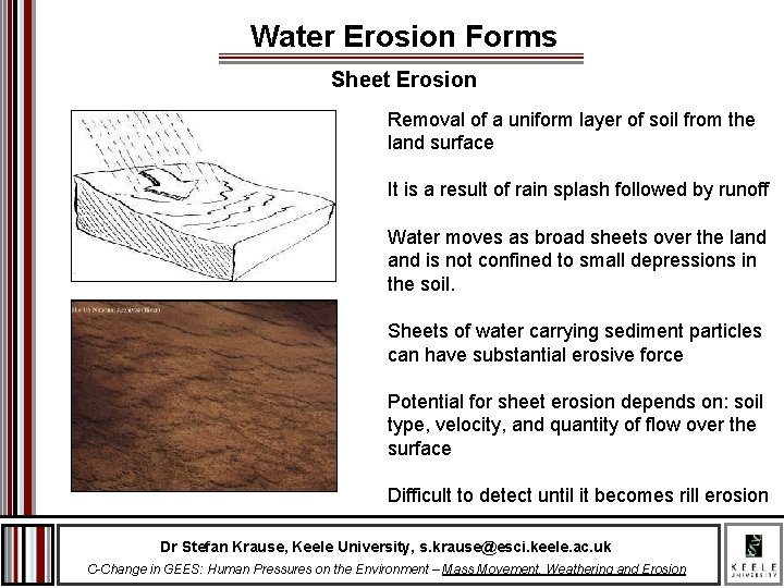 Water Erosion Forms Sheet Erosion Removal of a uniform layer of soil from the