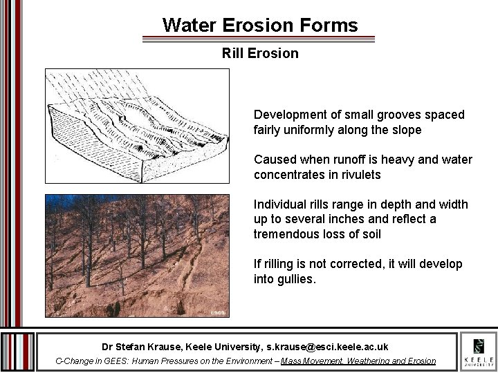 Water Erosion Forms Rill Erosion Development of small grooves spaced fairly uniformly along the
