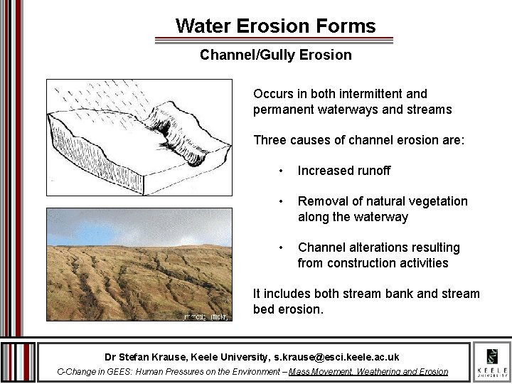 Water Erosion Forms Channel/Gully Erosion Occurs in both intermittent and permanent waterways and streams