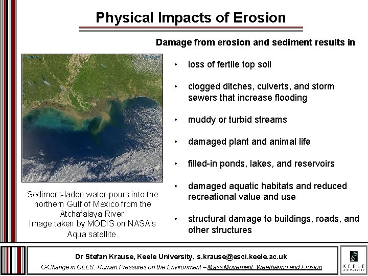 Physical Impacts of Erosion Damage from erosion and sediment results in Sediment-laden water pours