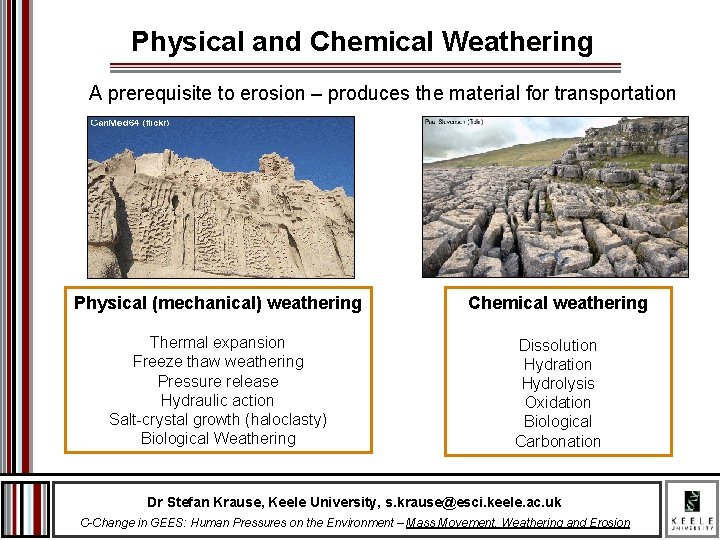 Physical and Chemical Weathering A prerequisite to erosion – produces the material for transportation