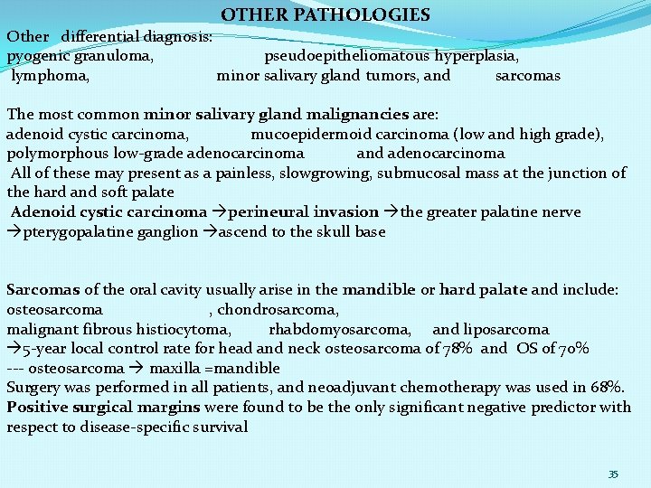 OTHER PATHOLOGIES Other differential diagnosis: pyogenic granuloma, pseudoepitheliomatous hyperplasia, lymphoma, minor salivary gland tumors,