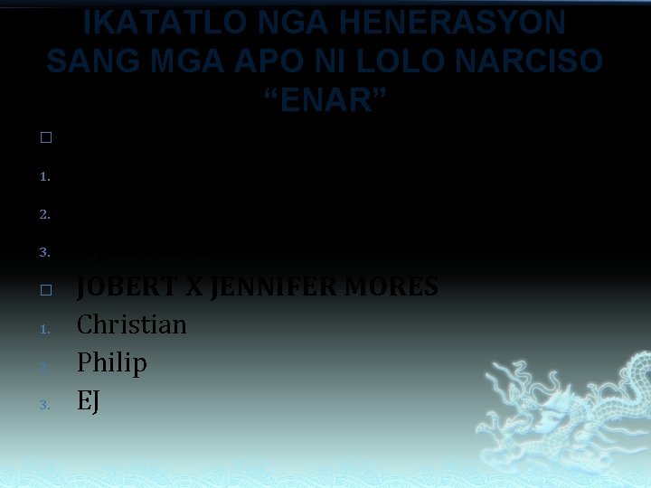IKATATLO NGA HENERASYON SANG MGA APO NI LOLO NARCISO “ENAR” � 1. 2. 3. IKATATLO NGA HENERASYON SANG MGA APO NI LOLO NARCISO “ENAR” � 1. 2. 3.