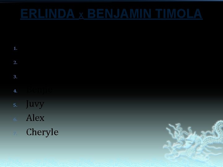 ERLINDA X BENJAMIN TIMOLA 1. 2. 3. 4. 5. 6. 7. Jenny Ronnie Gemma ERLINDA X BENJAMIN TIMOLA 1. 2. 3. 4. 5. 6. 7. Jenny Ronnie Gemma