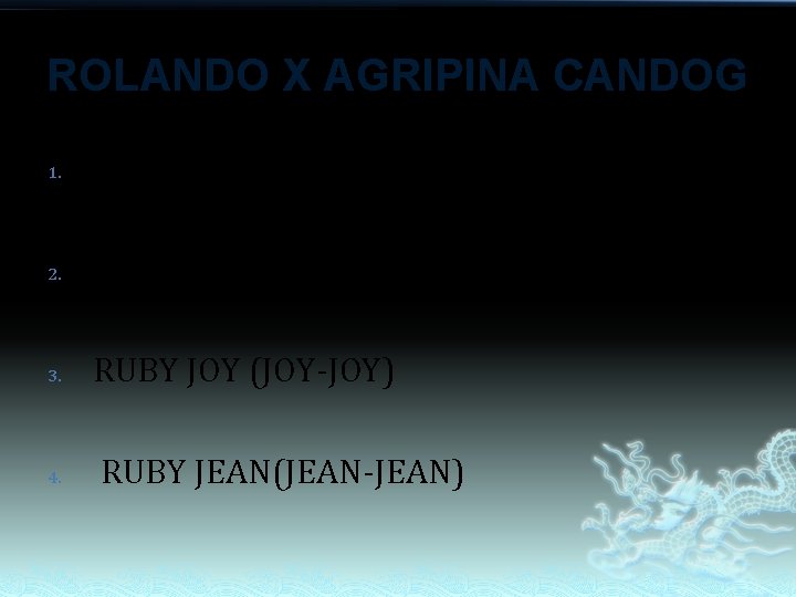 ROLANDO X AGRIPINA CANDOG 1. RYAN ALFRED (RYAN) X GENEVEY VOCAL 2. SIEGFRED(CHE-CHE) X ROLANDO X AGRIPINA CANDOG 1. RYAN ALFRED (RYAN) X GENEVEY VOCAL 2. SIEGFRED(CHE-CHE) X