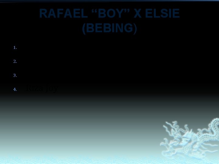 RAFAEL “BOY” X ELSIE (BEBING) 1. 2. 3. 4. Ralph John Rechelle Ann Rafael RAFAEL “BOY” X ELSIE (BEBING) 1. 2. 3. 4. Ralph John Rechelle Ann Rafael