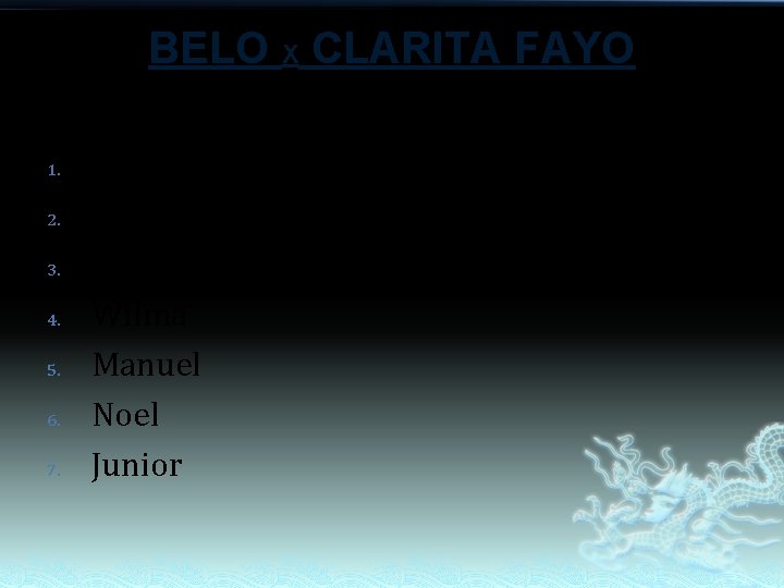 BELO X CLARITA FAYO 1. 2. 3. 4. 5. 6. 7. Virginia Vicky Emelita BELO X CLARITA FAYO 1. 2. 3. 4. 5. 6. 7. Virginia Vicky Emelita
