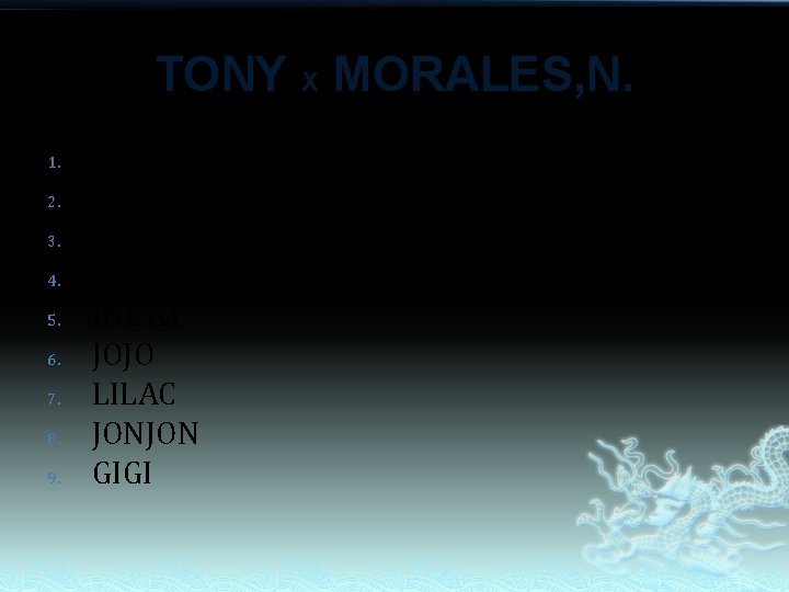 TONY X MORALES, N. 1. 2. 3. 4. 5. 6. 7. 8. 9. PERING TONY X MORALES, N. 1. 2. 3. 4. 5. 6. 7. 8. 9. PERING
