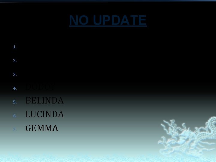 NO UPDATE 1. 2. 3. 4. 5. 6. 7. PAQUITO ROSENDA PINOY DODOY BELINDA NO UPDATE 1. 2. 3. 4. 5. 6. 7. PAQUITO ROSENDA PINOY DODOY BELINDA