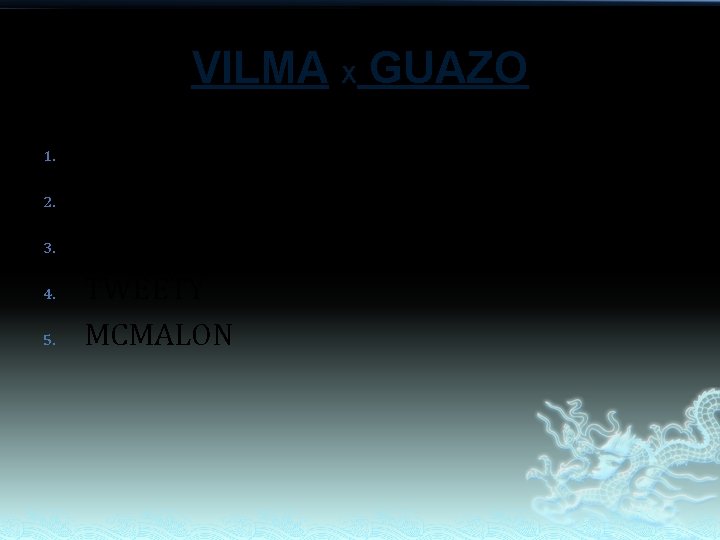 VILMA X GUAZO 1. 2. 3. 4. 5. MICHELLE MABELLE JANE TOTO TWEETY MCMALON VILMA X GUAZO 1. 2. 3. 4. 5. MICHELLE MABELLE JANE TOTO TWEETY MCMALON