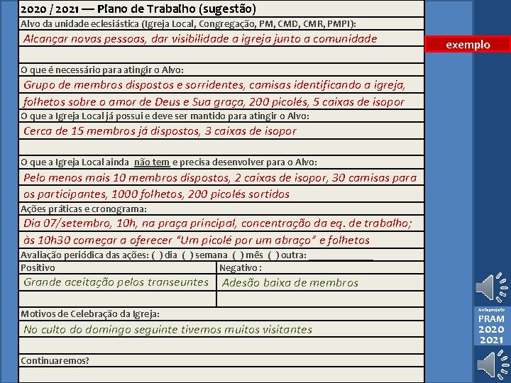 2020 / 2021 — Plano de Trabalho (sugestão) PRAM – ÊNFASES MISSIONÁRIAS — PNM