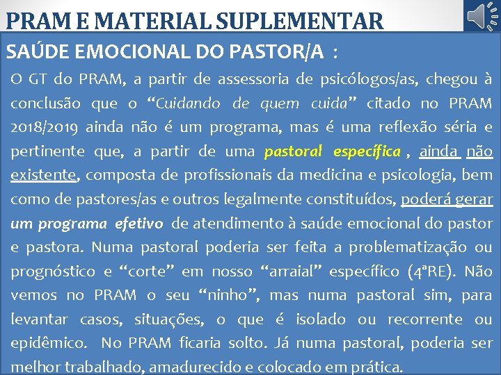 PRAM E MATERIAL SUPLEMENTAR SAÚDE EMOCIONAL DO PASTOR/A : oficial de • O Portal