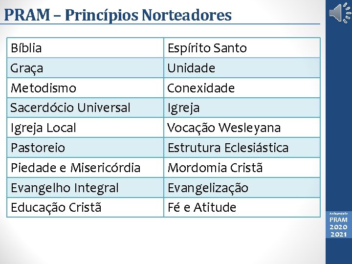 PRAM – Princípios Norteadores Bíblia Graça Metodismo Sacerdócio Universal Igreja Local Pastoreio Piedade e