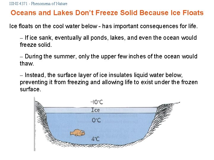 ISNS 4371 - Phenomena of Nature Oceans and Lakes Don’t Freeze Solid Because Ice