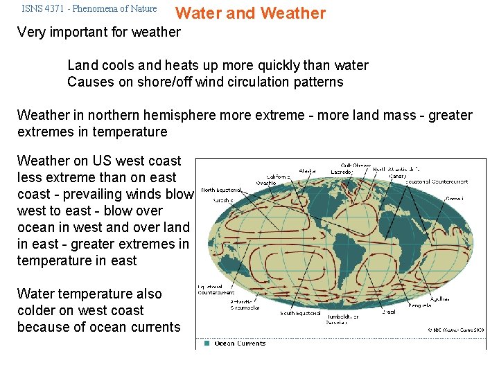 ISNS 4371 - Phenomena of Nature Water and Weather Very important for weather Land