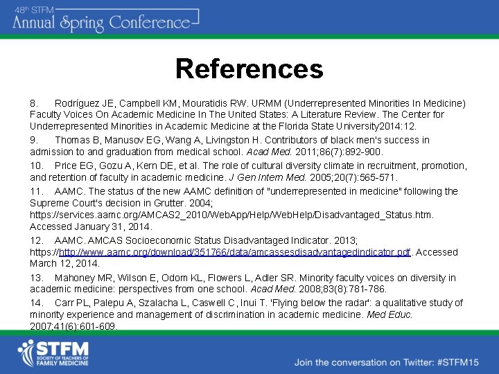 References 8. Rodríguez JE, Campbell KM, Mouratidis RW. URMM (Underrepresented Minorities In Medicine) Faculty