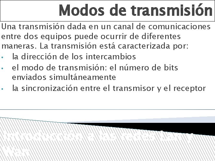 Modos de transmisión Una transmisión dada en un canal de comunicaciones entre dos equipos