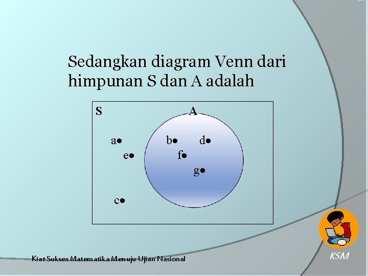 Sedangkan diagram Venn dari himpunan S dan A adalah S A a e b
