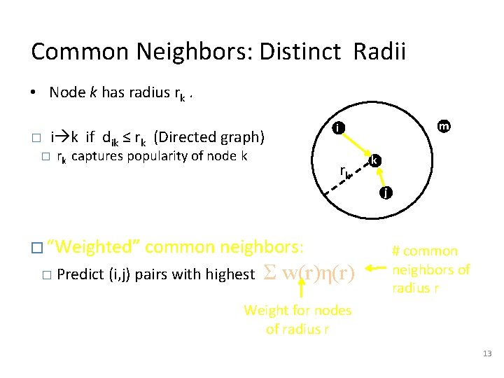 Common Neighbors: Distinct Radii • Node k has radius rk. � i k if