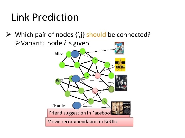 Link Prediction Ø Which pair of nodes {i, j} should be connected? ØVariant: node