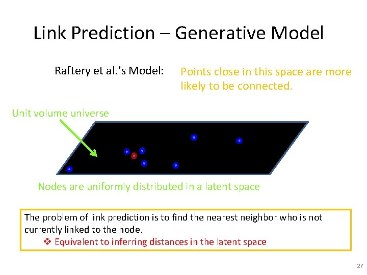 Link Prediction – Generative Model Raftery et al. ’s Model: Points close in this