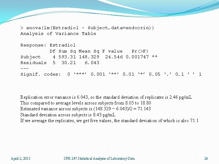 > anova(lm(Estradiol ~ Subject, data=endocrin)) Analysis of Variance Table Response: Estradiol Df Sum Sq