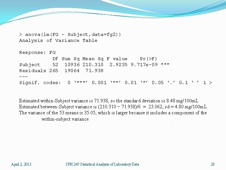 > anova(lm(FG ~ Subject, data=fg 2)) Analysis of Variance Table Response: FG Df Sum