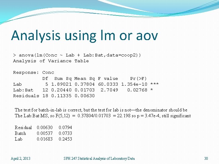 Analysis using lm or aov > anova(lm(Conc ~ Lab + Lab: Bat, data=coop 2))