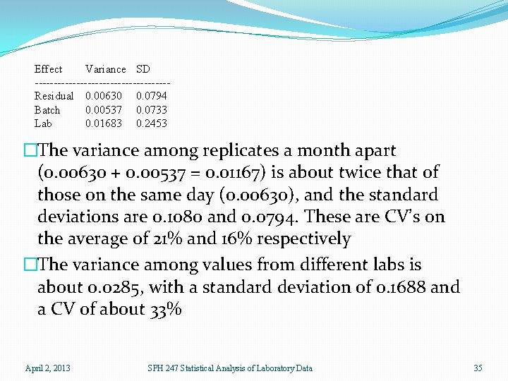 Effect Variance SD ------------------Residual 0. 00630 0. 0794 Batch 0. 00537 0. 0733 Lab