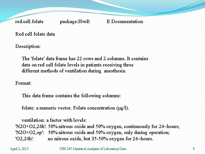red. cell. folate package: ISw. R R Documentation Red cell folate data Description: The