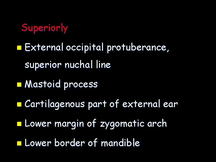 Superiorly n External occipital protuberance, superior nuchal line n Mastoid process n Cartilagenous part