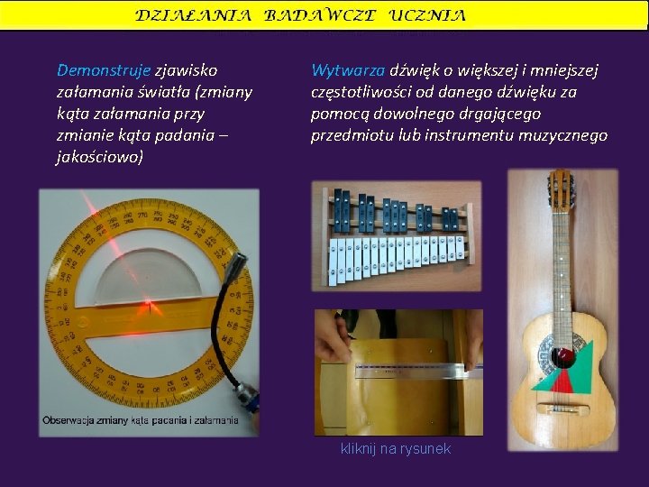 Demonstruje zjawisko załamania światła (zmiany kąta załamania przy zmianie kąta padania – jakościowo) Wytwarza