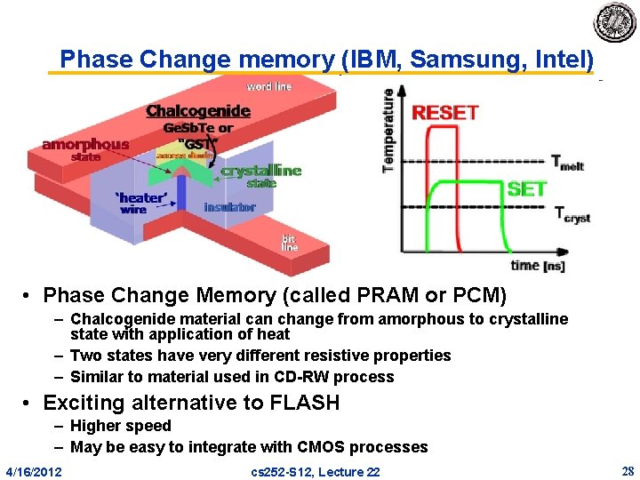 Phase Change memory (IBM, Samsung, Intel) • Phase Change Memory (called PRAM or PCM) Phase Change memory (IBM, Samsung, Intel) • Phase Change Memory (called PRAM or PCM)