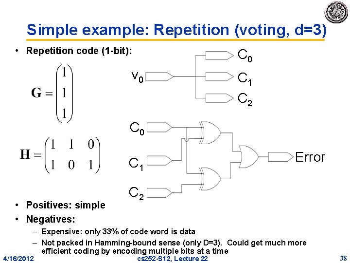 Simple example: Repetition (voting, d=3) • Repetition code (1 bit): C 0 v 0 Simple example: Repetition (voting, d=3) • Repetition code (1 bit): C 0 v 0