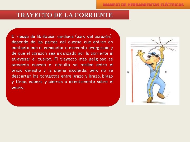 MANEJO DE HERRAMIENTAS ELÉCTRICAS TRAYECTO DE LA CORRIENTE El riesgo de fibrilación cardiaca (paro