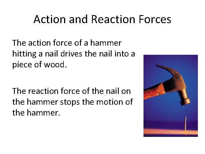 Action and Reaction Forces The action force of a hammer hitting a nail drives